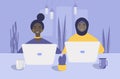 Vector illustration - two black girls, one of whom is wearing a hijab, work in the office with laptops Royalty Free Stock Photo